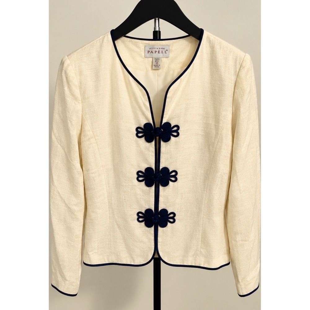 Vtg Adrianna Papell 100% Silk Cream Jacket Navy Frog Closures Textured Size 12